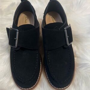 Clarks Women’s Black Suede Loafers with Buckle